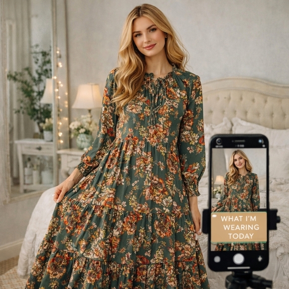Umgee Dresses & Skirts - Umgee Floral Dress, Long Sleeve Maxi, Green And Orange Small